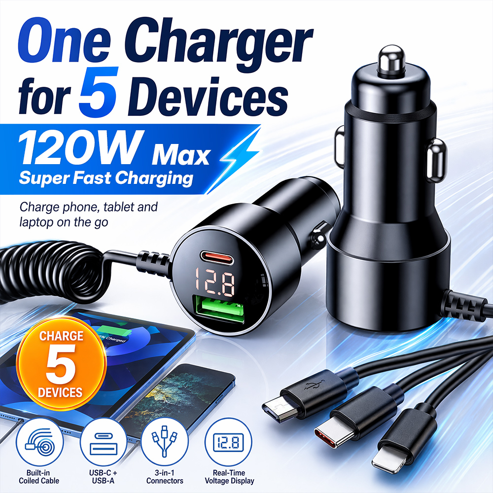 Laptop Accessories Essential - 120W Çoklu Portlu Araç Şarj Cihazı,